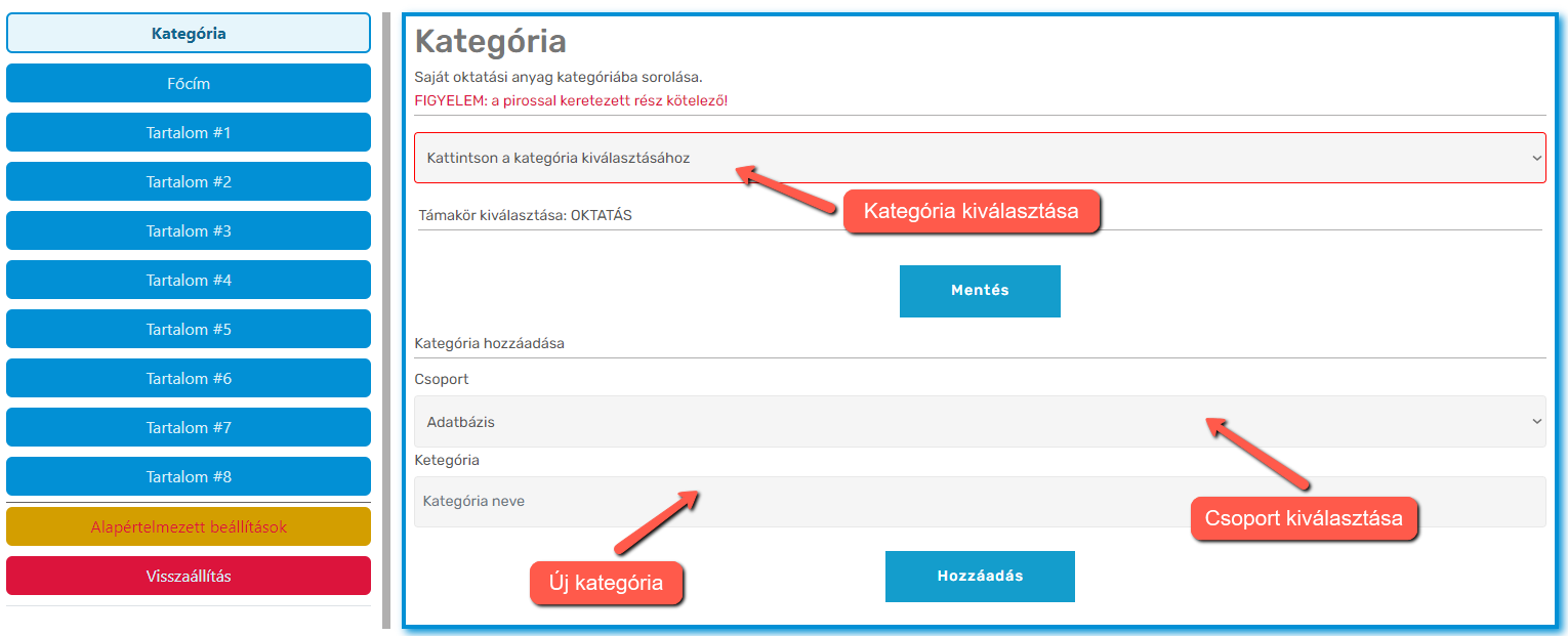 Kategória kiválasztása / hozzáadása